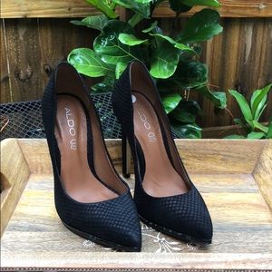 ALDO, Black snake skin print 4.5” stilettos, sz. 7